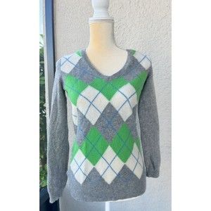Gap Womens Lambswool Blend Argyle Sweater XS V-Neck Gray Green White
